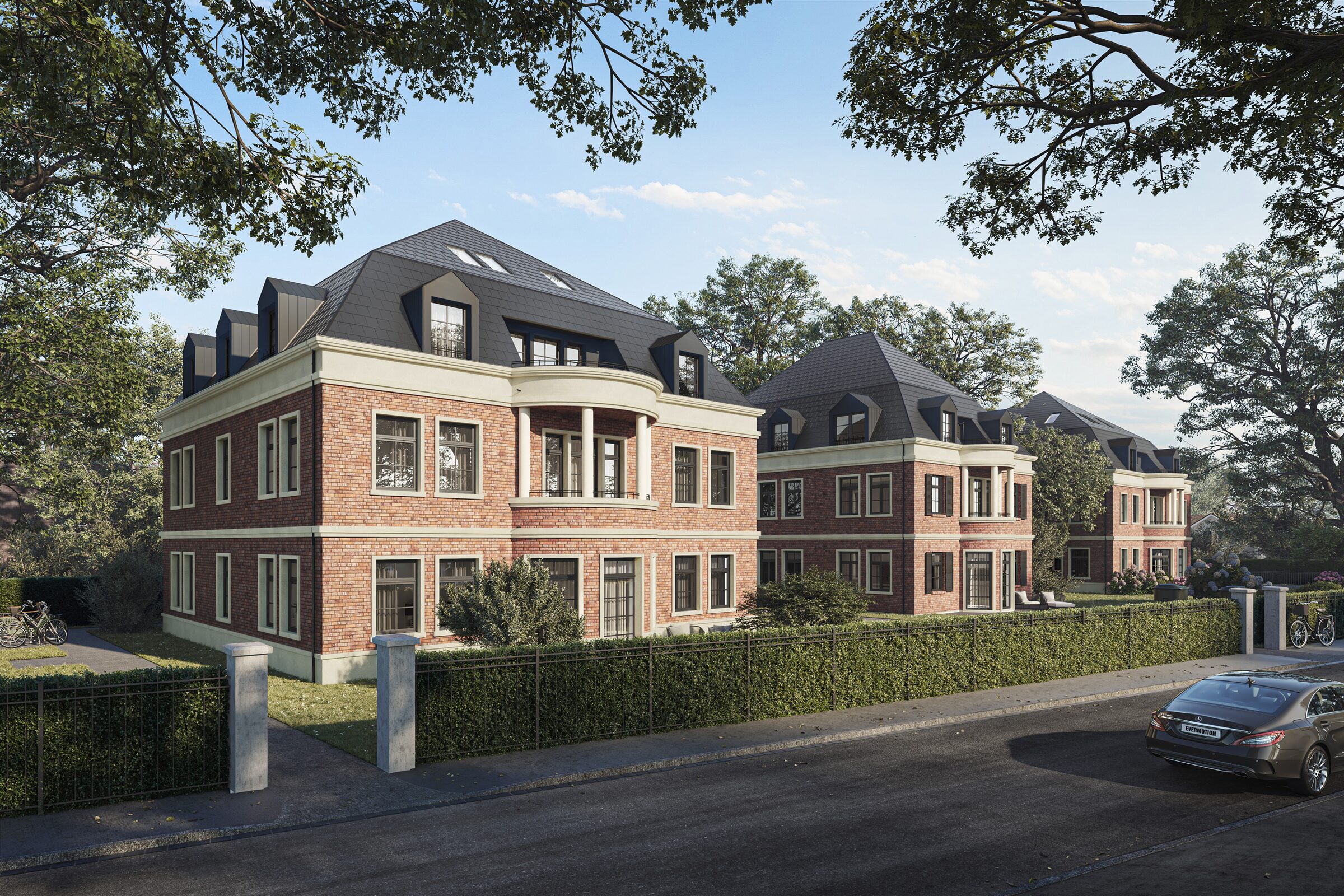 Visualisierung: drei Villen mit Klinkerfassade und Mansarddach am Zickzackweg 35–39