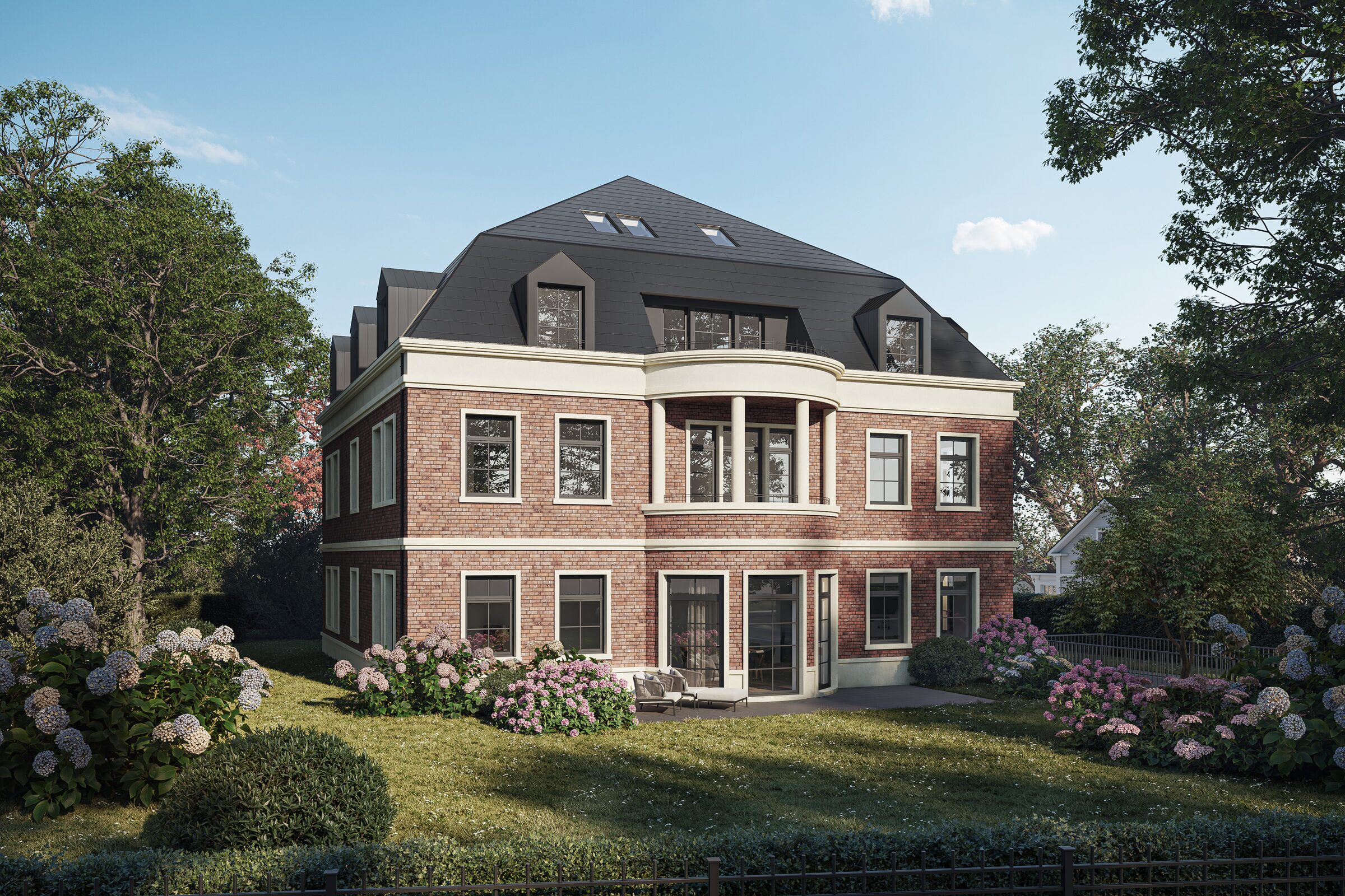 Visualisierung der Gartenseite: Klinkerfassade mit Erker, Säulen-Loggia, Terrasse und Hortensien